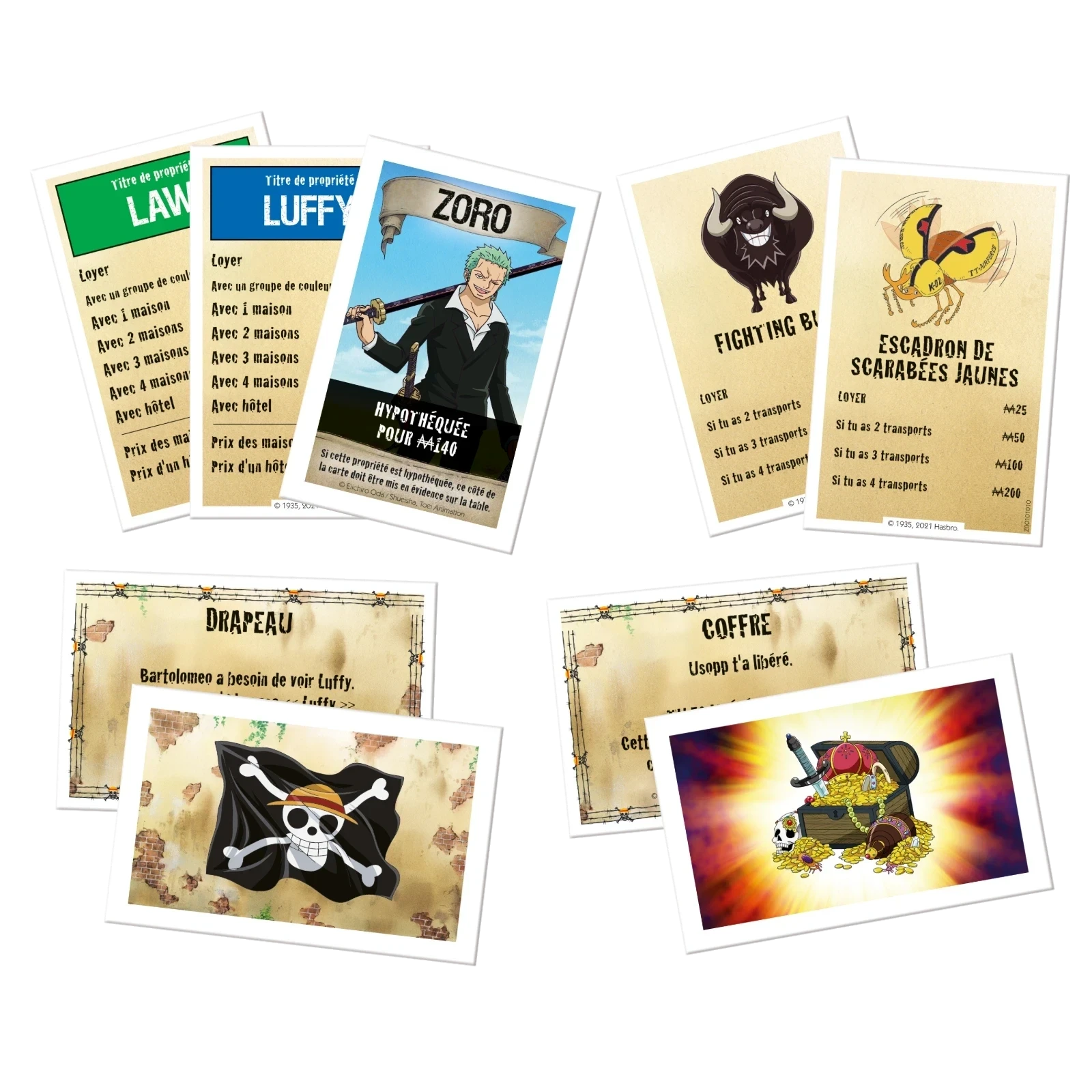 Monopoly One Piece – Édition Dressrosa (Winning Moves) – cartes drapeau et coffre