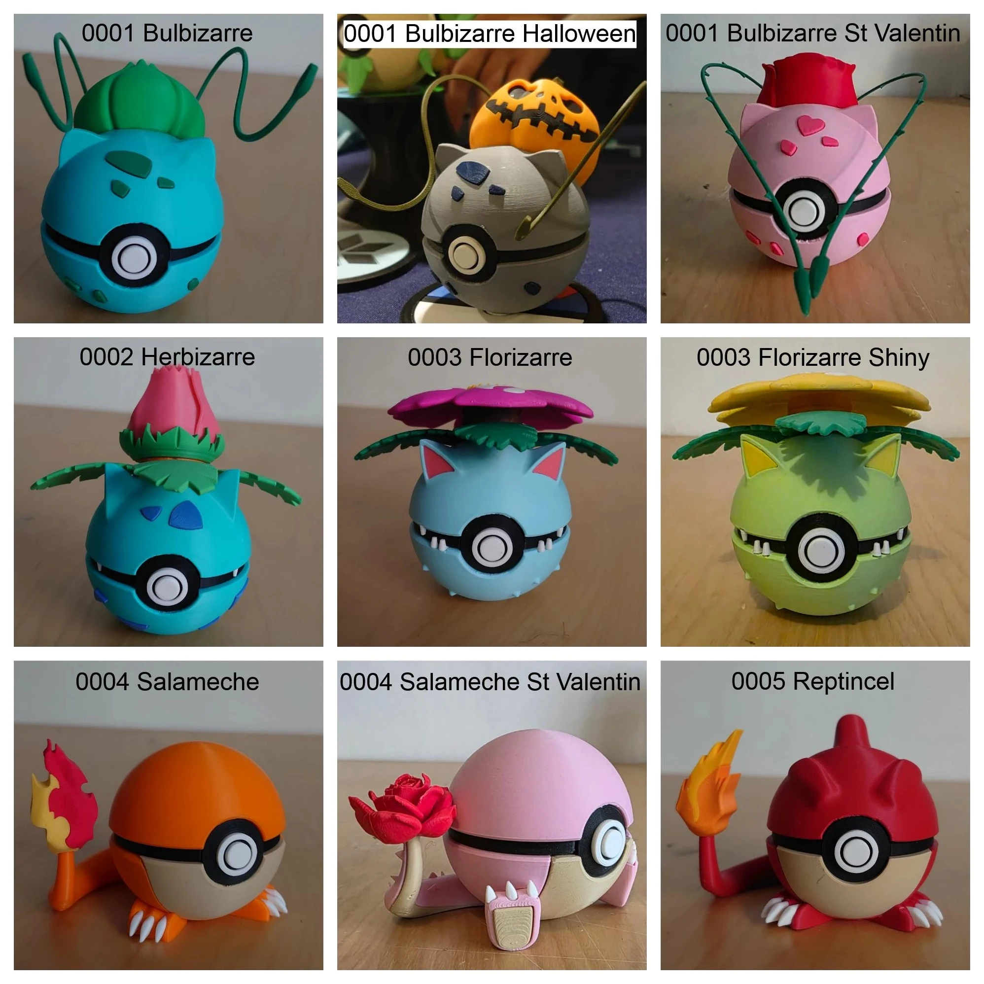Poké Balls imprimées en 3D YumeMaker : Bulbizarre, Bulbizarre Halloween, Bulbizarre Saint-Valentin, Herbizarre, Florizarre, Florizarre Shiny, Salamèche, Salamèche Saint-Valentin, Reptincel