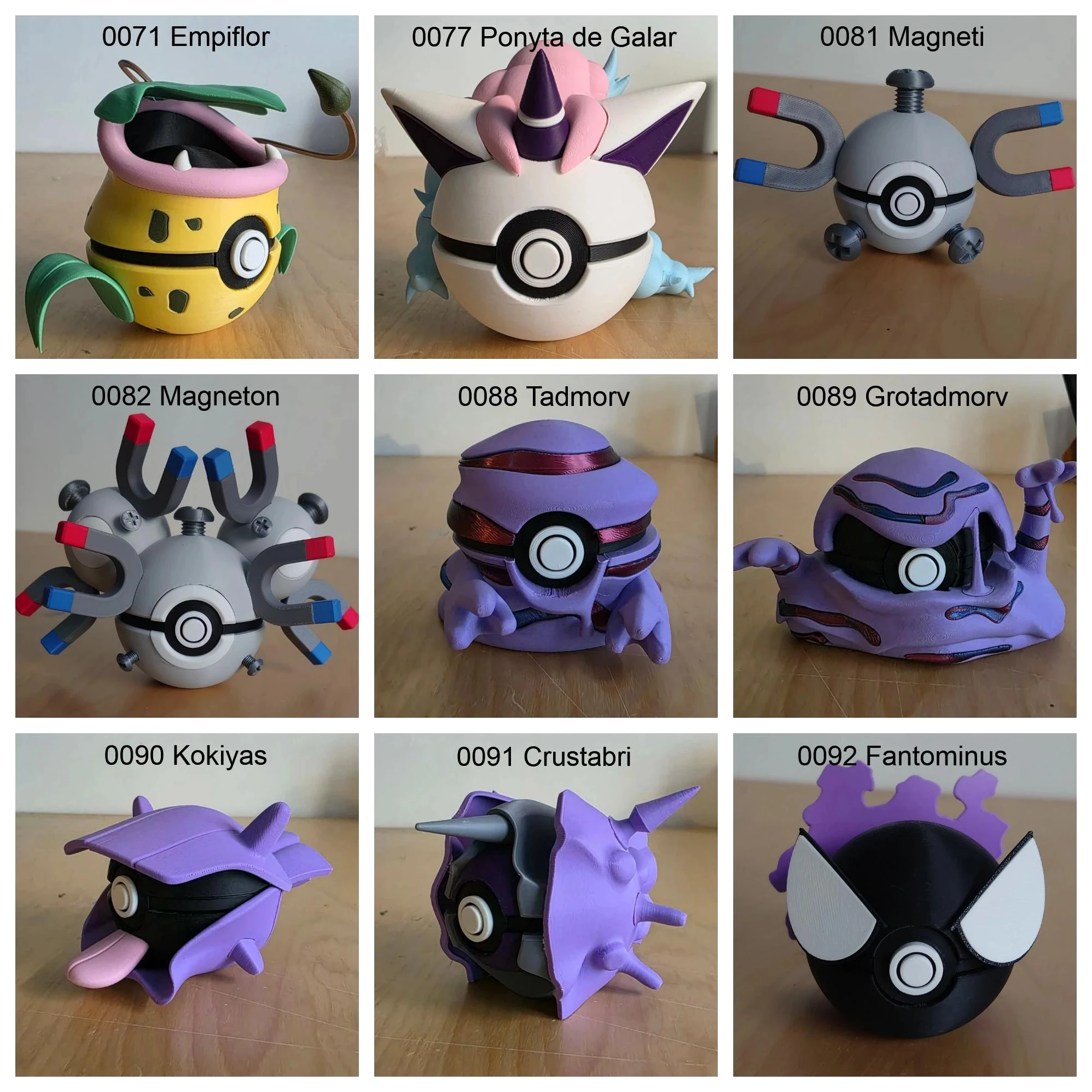 Poké Balls imprimées en 3D YumeMaker : Empiflor, Ponyta de Galar, Magnéti, Magnéton, Tadmorv, Grotadmorv, Kokiyas, Crustabri, Fantominus