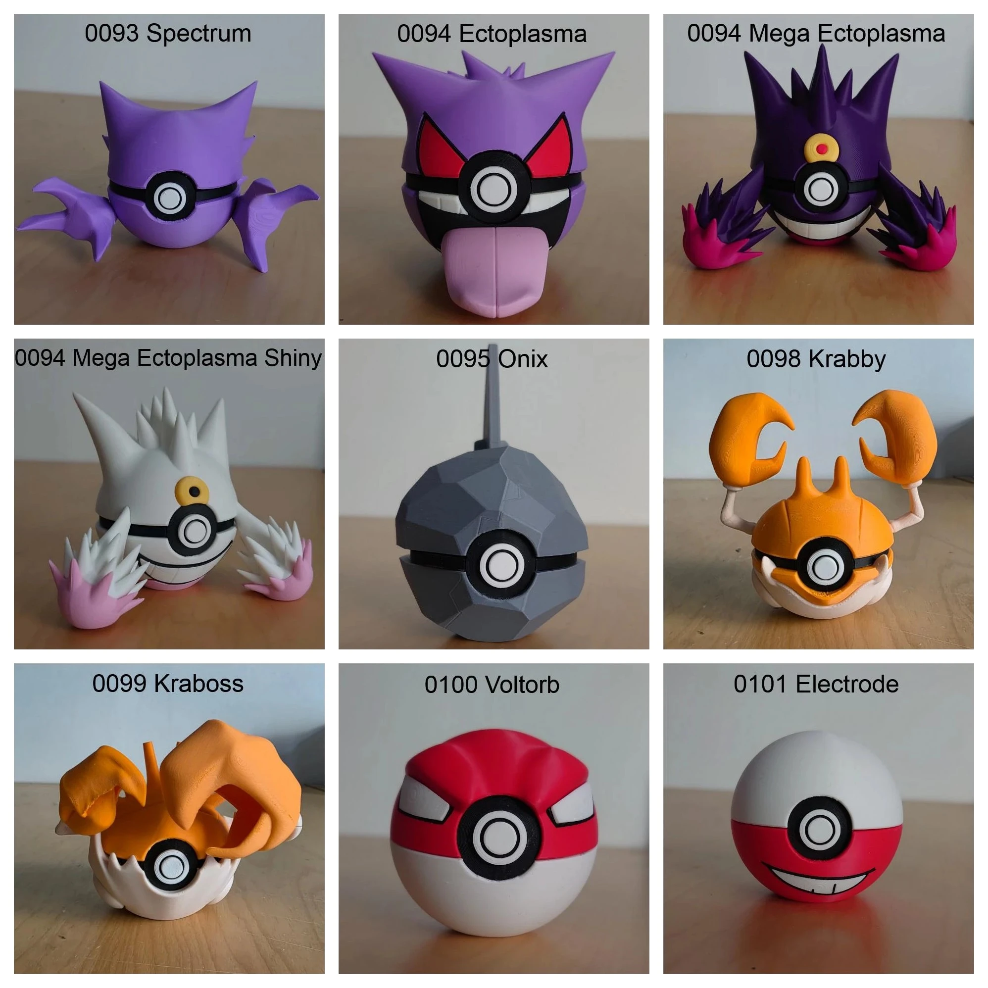 Poké Balls imprimées en 3D YumeMaker : Spectrum, Ectoplasma Langue, Méga-Ectoplasma, Méga-Ectoplasma Shiny, Onix, Krabby, Krabboss, Voltorbe, Électrode