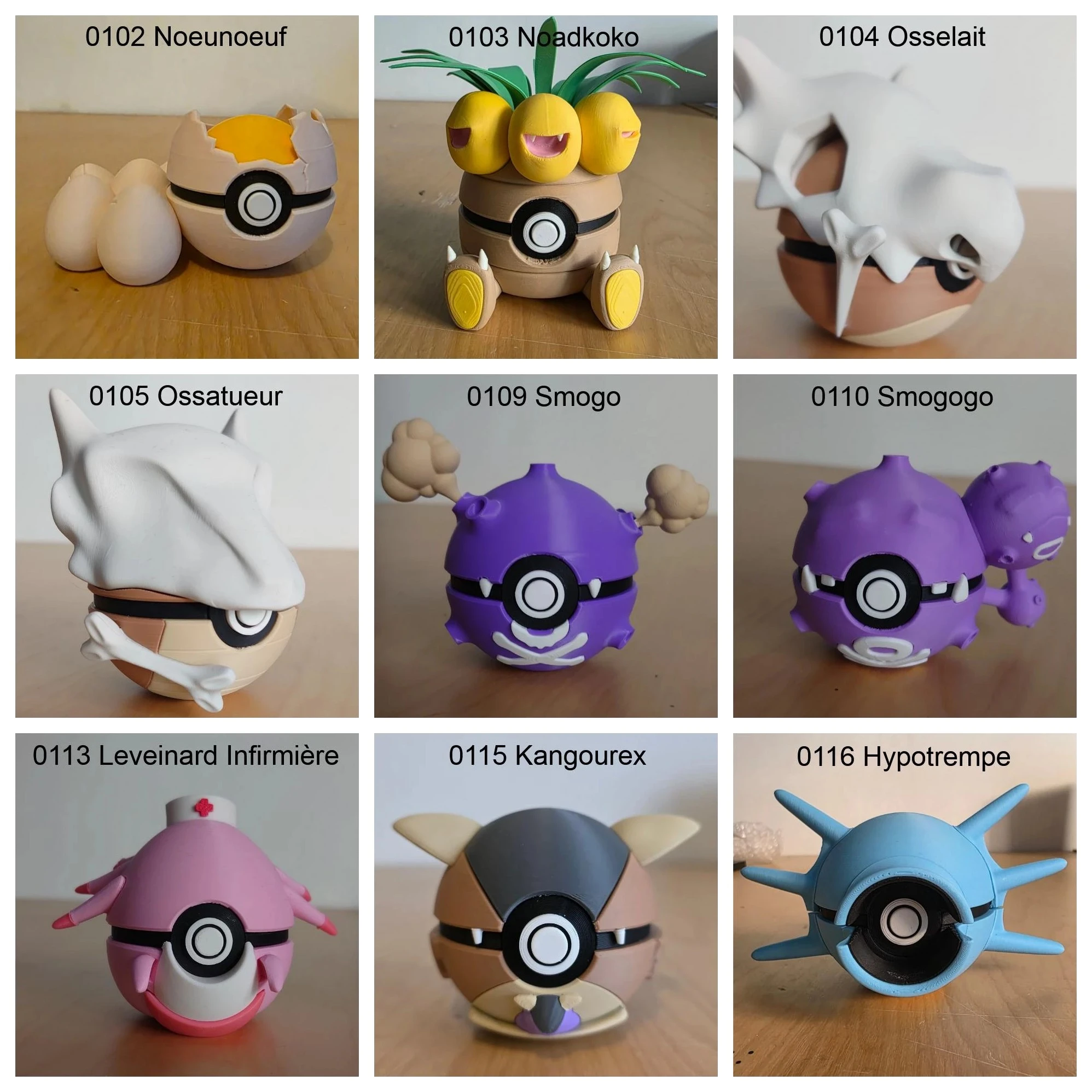Poké Balls imprimées en 3D YumeMaker : Noeunoeuf, Noadkoko, Osselait, Ossatueur, Smogo, Smogogo, Leveinard Infirmière, Kangourex, Hypotrempe