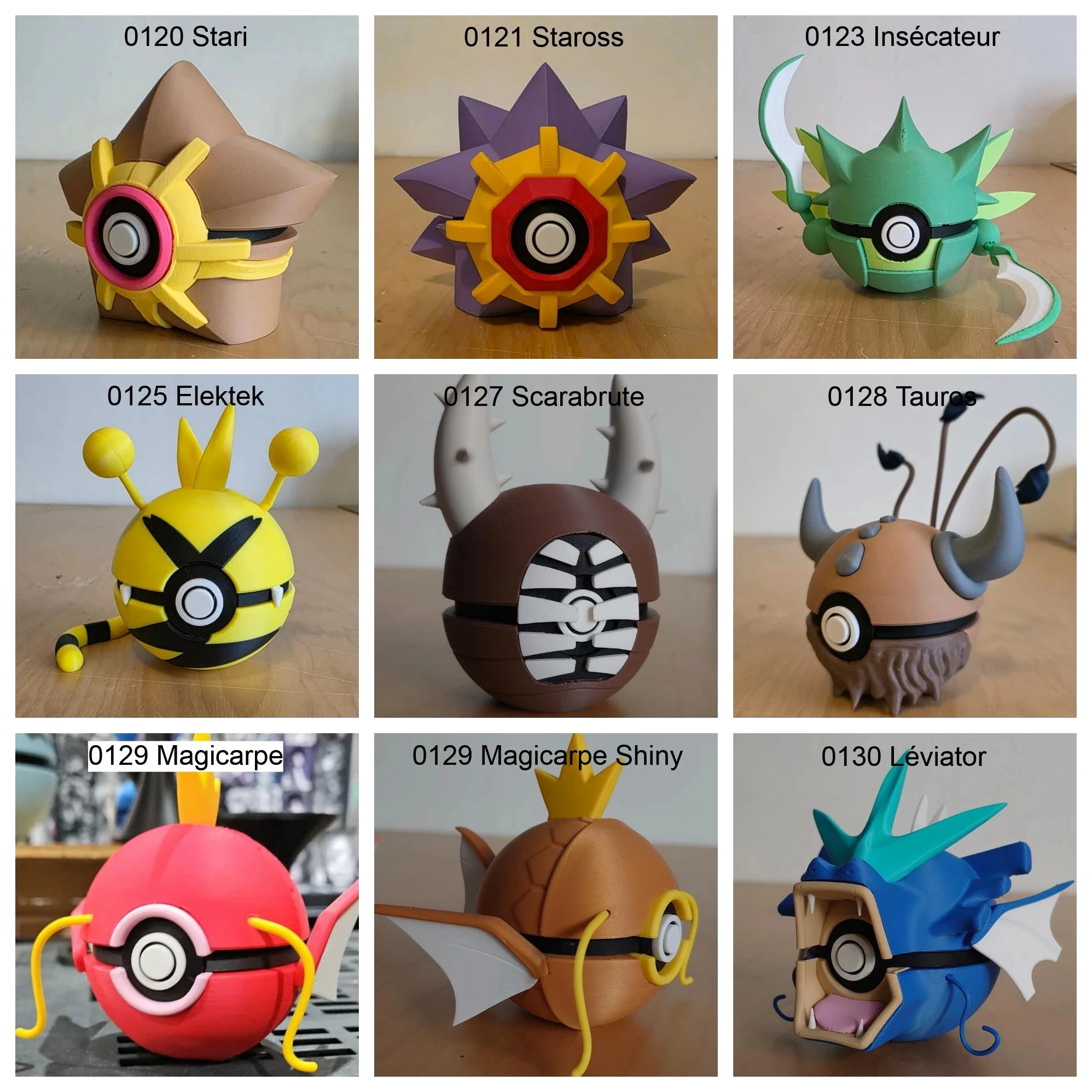 Poké Balls imprimées en 3D YumeMaker : Stari, Staross, Insécateur, Élektek, Scarabrute, Tauros, Magicarpe, Magicarpe Shiny, Léviator