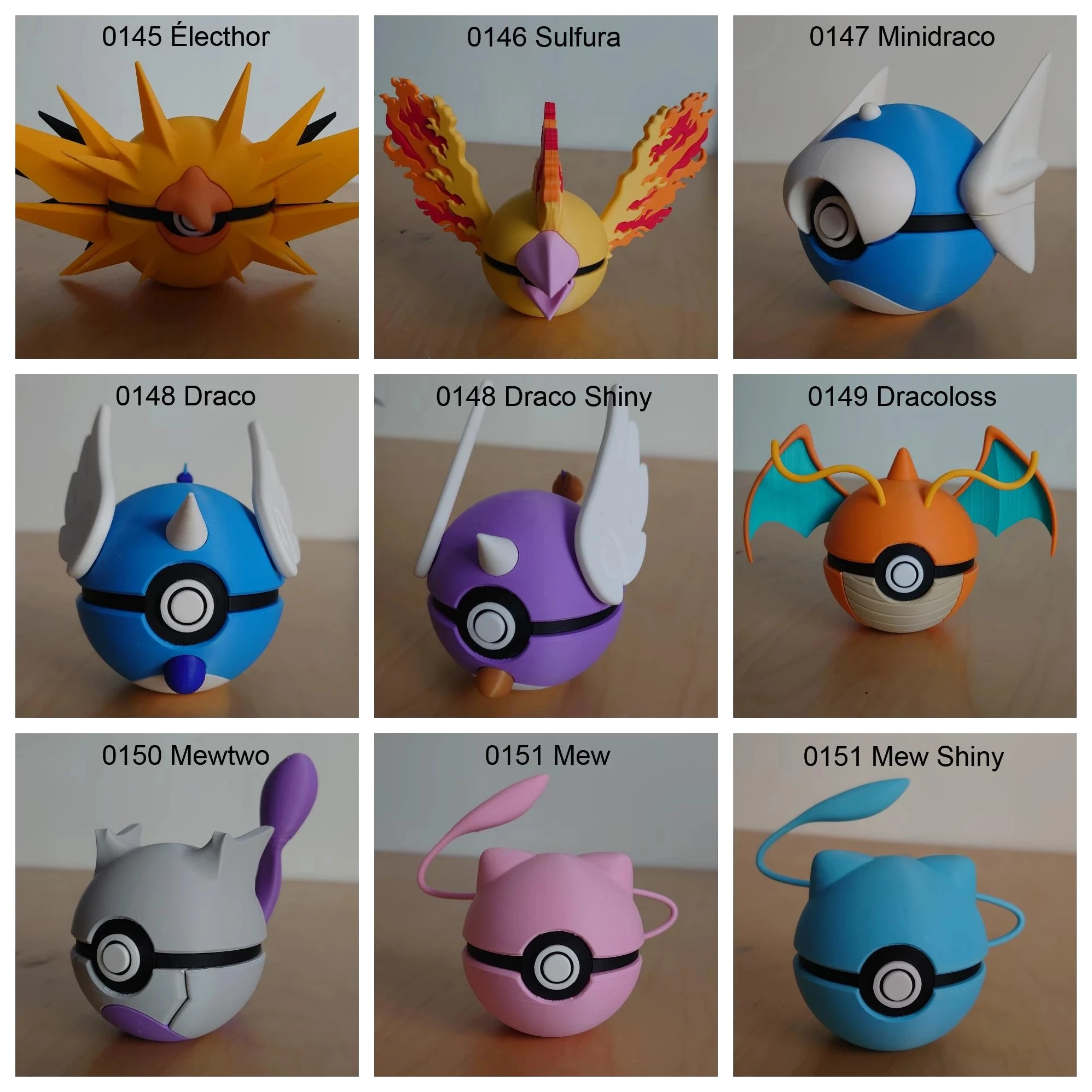 Poké Balls imprimées en 3D YumeMaker : Electhor, Sulfura, Minidraco, Draco, Draco Shiny, Dracolosse, Mewtwo, Mew, Mew Shiny