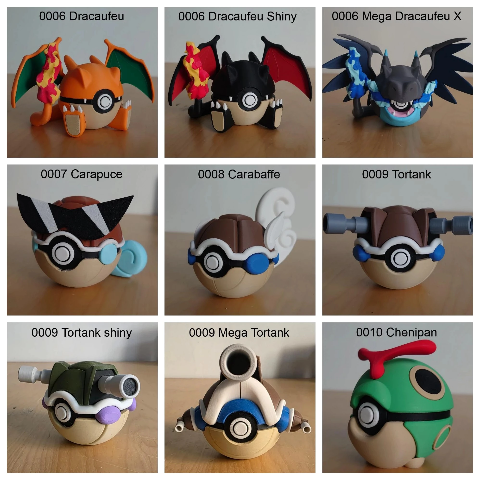 Poké Balls imprimées en 3D YumeMaker : Dracaufeu, Dracaufeu Shiny, Méga-Dracaufeu X, Carapuce, Carabaffe, Tortank, Tortank Shiny, Méga-Tortank, Chenipan