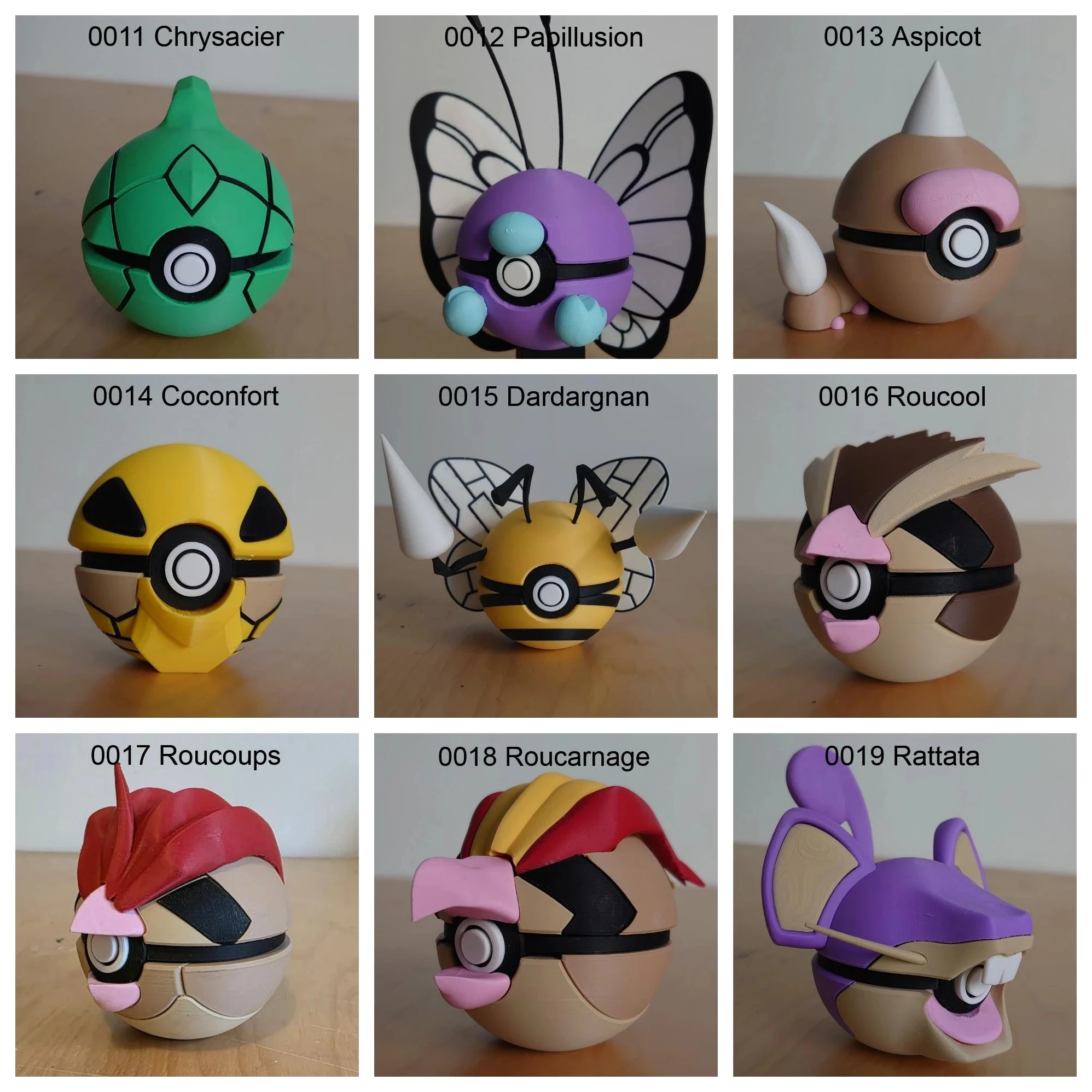 Poké Balls imprimées en 3D YumeMaker : Chrysacier, Papilusion, Aspicot, Coconfort, Dardargnan, Roucool, Roucoups, Roucarnage, Rattata