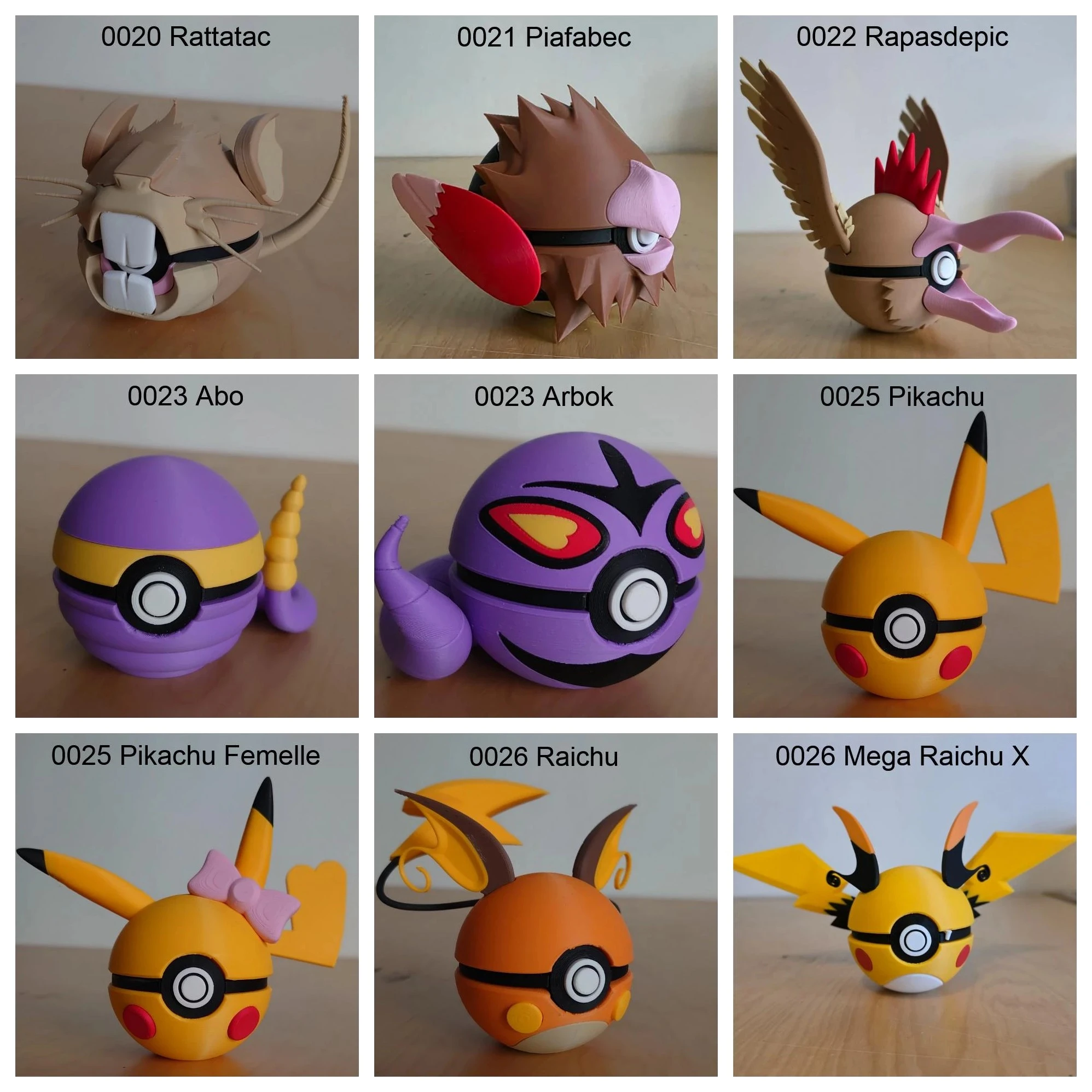 Poké Balls imprimées en 3D YumeMaker : Rattatac, Piafabec, Rapasdepic, Abo, Arbok, Pikachu, Pikachu Femelle, Raichu, Méga-Raichu X
