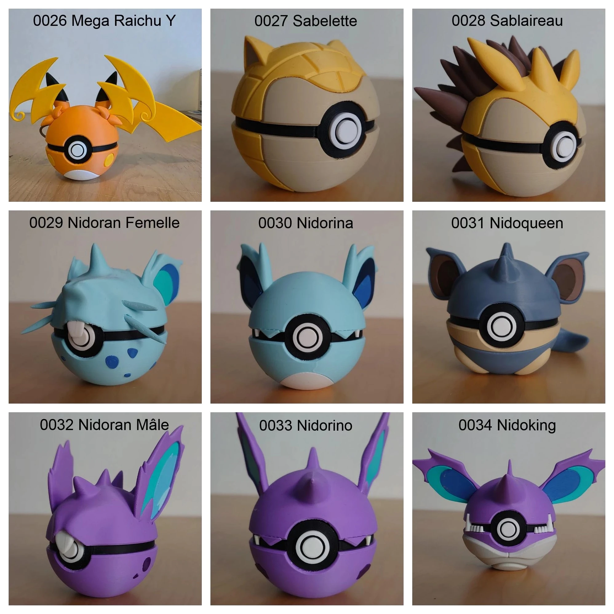Poké Balls imprimées en 3D YumeMaker : Méga-Raichu Y, Sabelette, Sablaireau, Nidoran femelle, Nidorina, Nidoqueen, Nidoran mâle, Nidorino, Nidoking