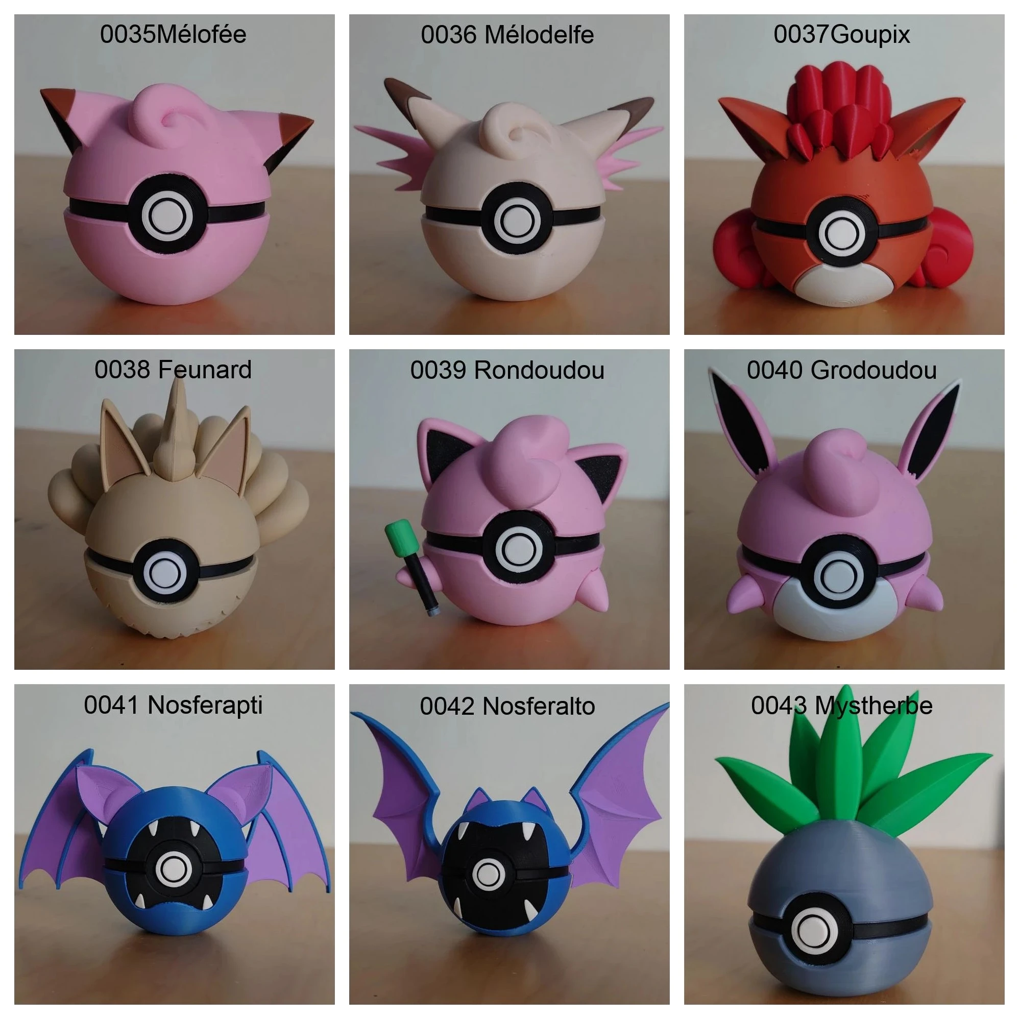 Poké Balls imprimées en 3D YumeMaker : Mélofée, Mélodelfe, Goupix, Feunard, Rondoudou, Grodoudou, Nosferapti, Nosferalto, Mystherbe