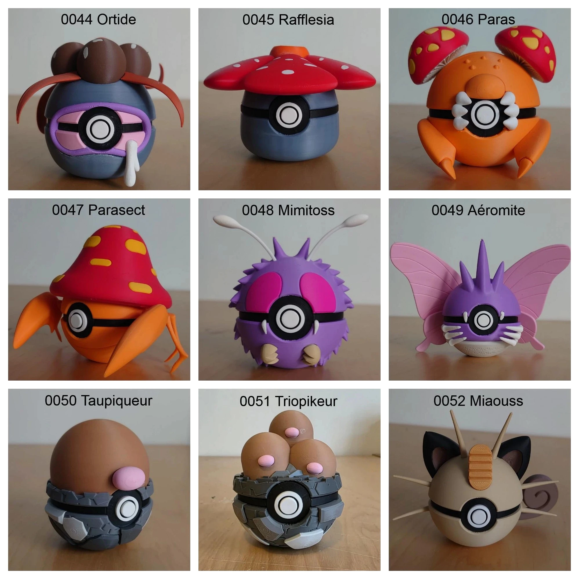 Poké Balls imprimées en 3D YumeMaker : Ortide, Rafflesia, Paras, Parasect, Mimitoss, Aéromite, Taupiqueur, Triopikeur, Miaouss