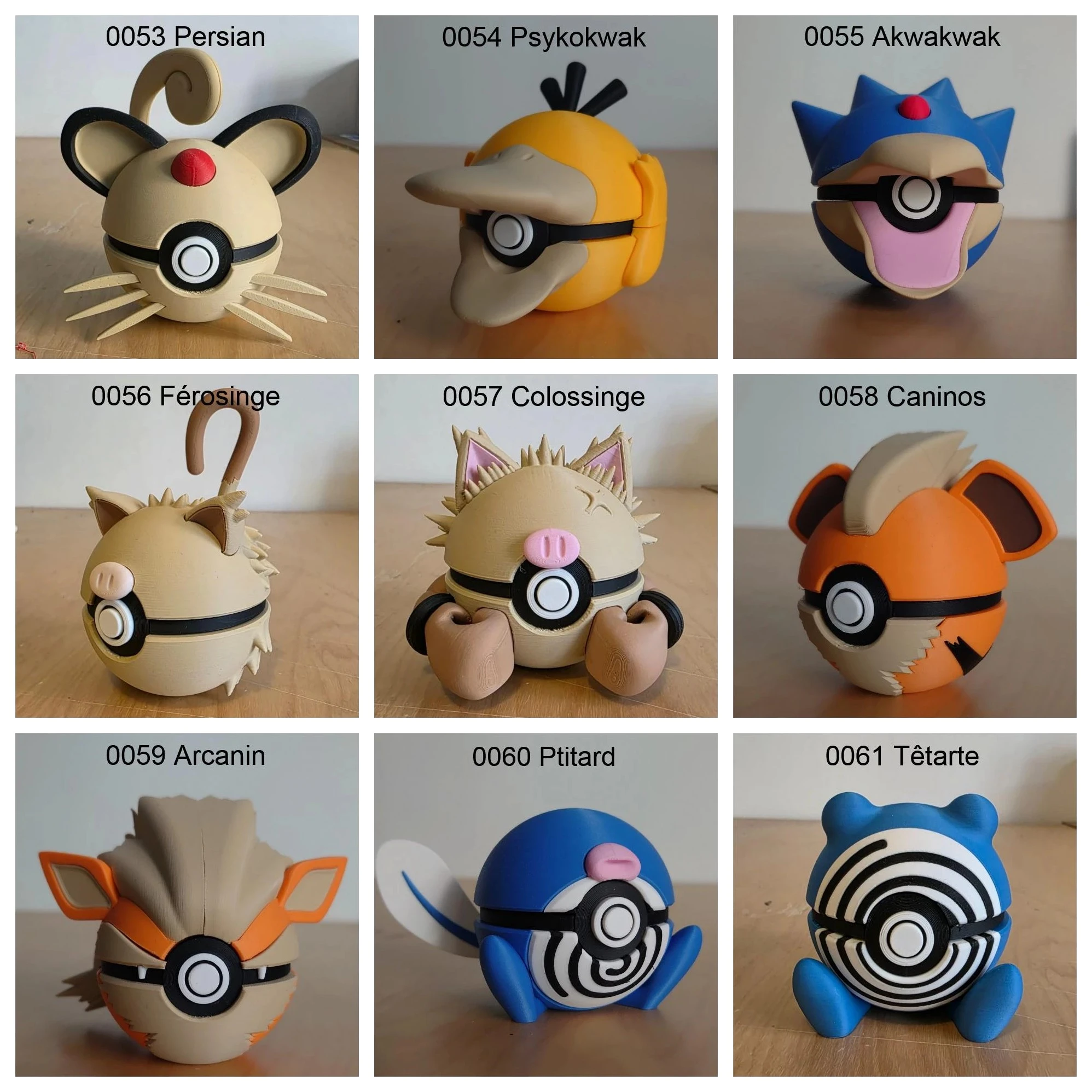 Poké Balls imprimées en 3D YumeMaker : Persian, Psykokwak, Akwakwak, Férosinge, Colossinge, Caninos, Arcanin, Ptitard, Têtarte