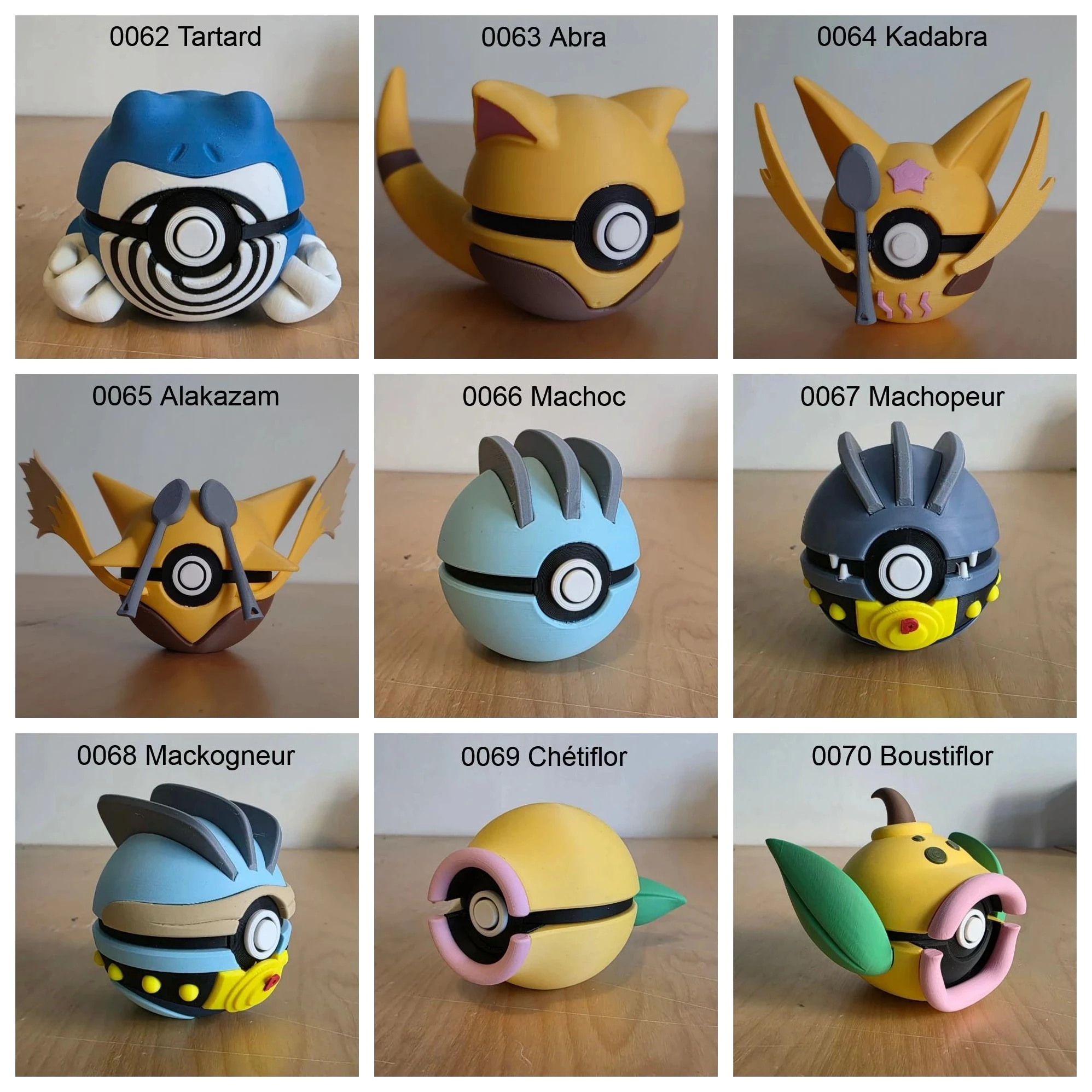 Poké Balls imprimées en 3D YumeMaker : Tartard, Abra, Kadabra, Alakazam, Machoc, Machopeur, Mackogneur, Chétiflor, Boustiflor