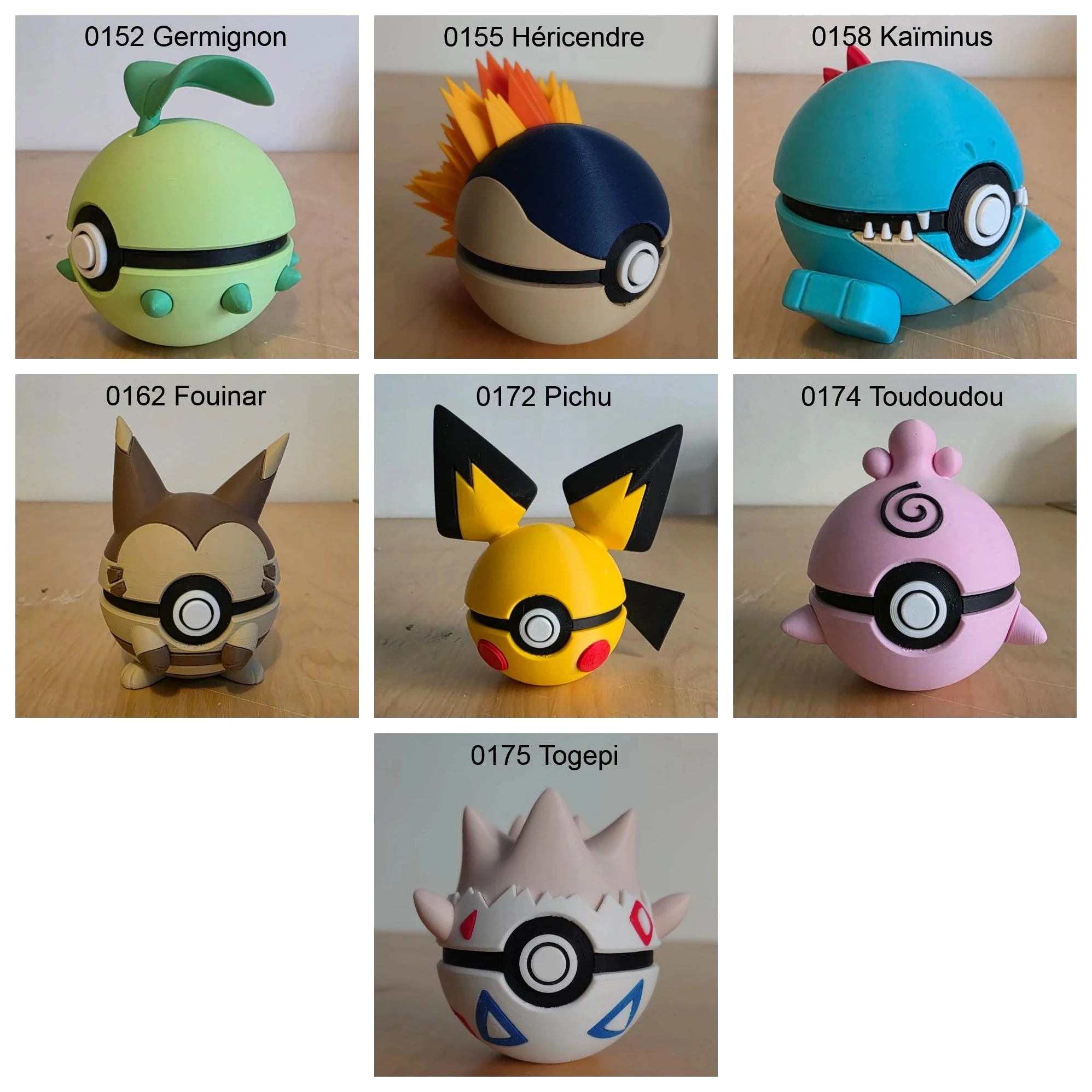 Poké Balls imprimées en 3D YumeMaker : Germignon, Héricendre, Kaïminus, Fouinar, Pichu, Toudoudou, Togepi