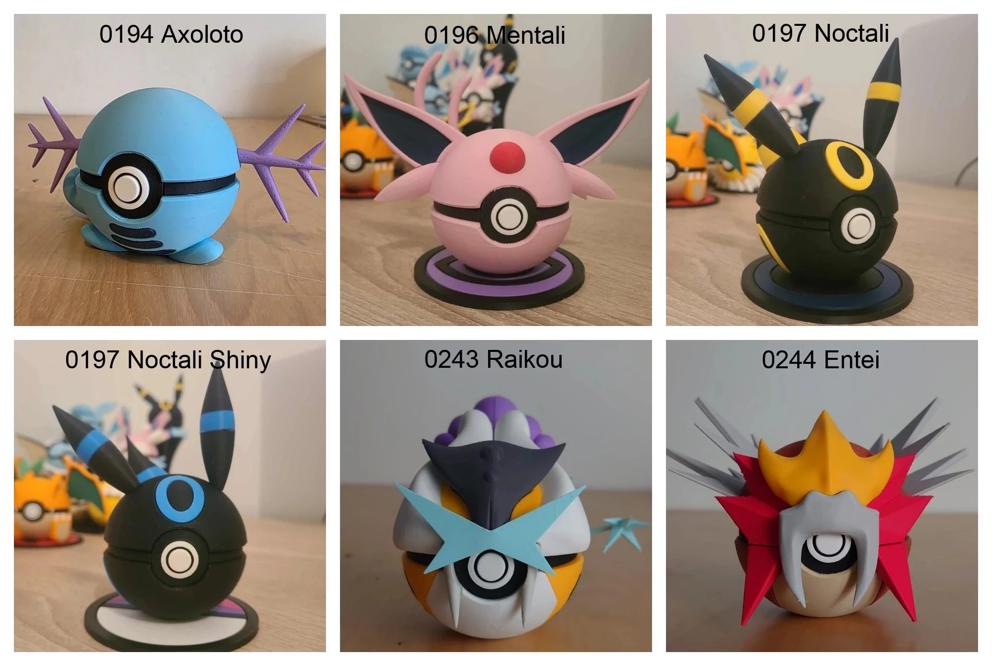 Poké Balls imprimées en 3D YumeMaker : Axoloto, Mentali, Noctali, Noctali Shiny, Raikou, Entei