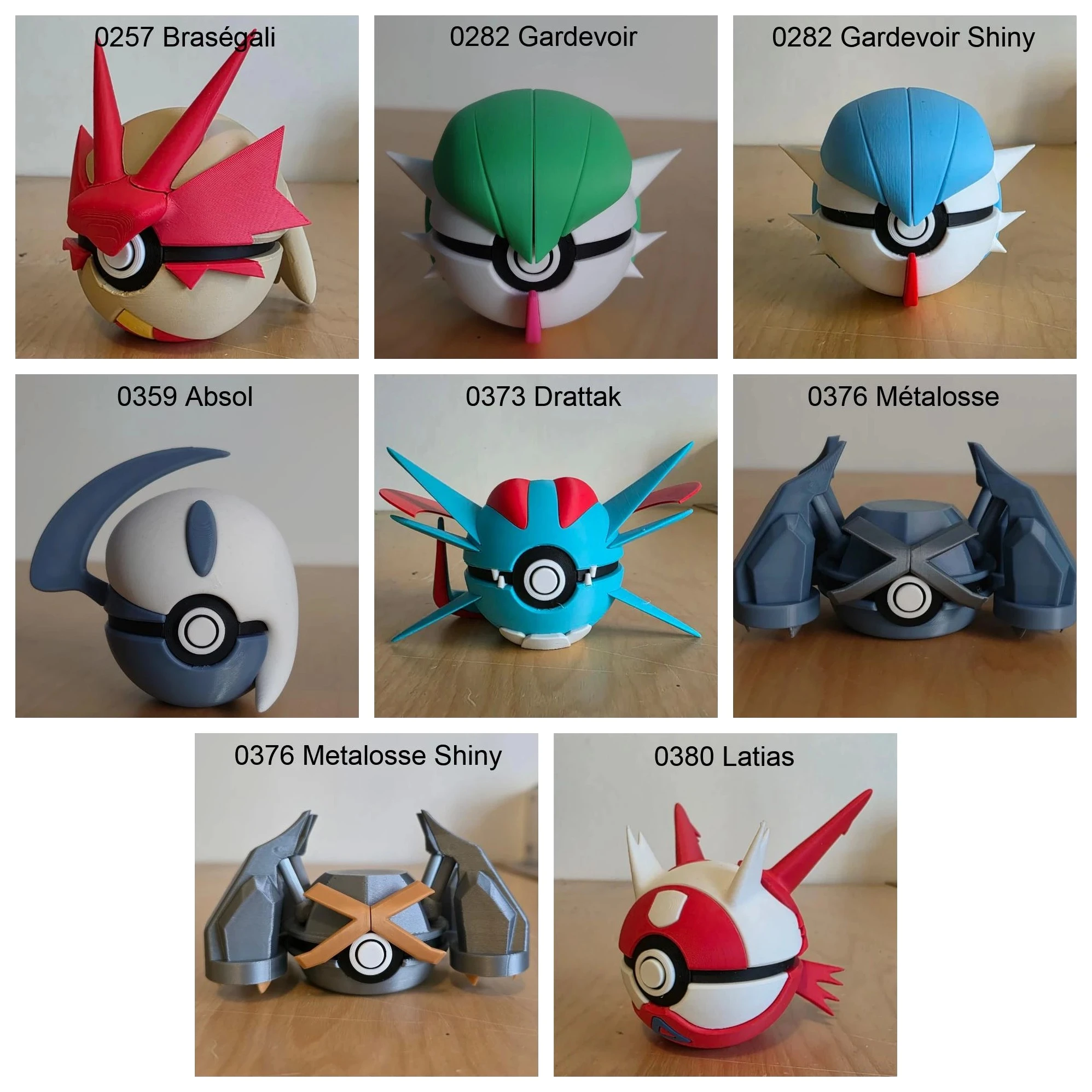 Poké Balls imprimées en 3D YumeMaker : Braségali, Gardevoir, Gardevoir Shiny, Absol, Drattak, Métalosse, Métalosse Shiny, Latias