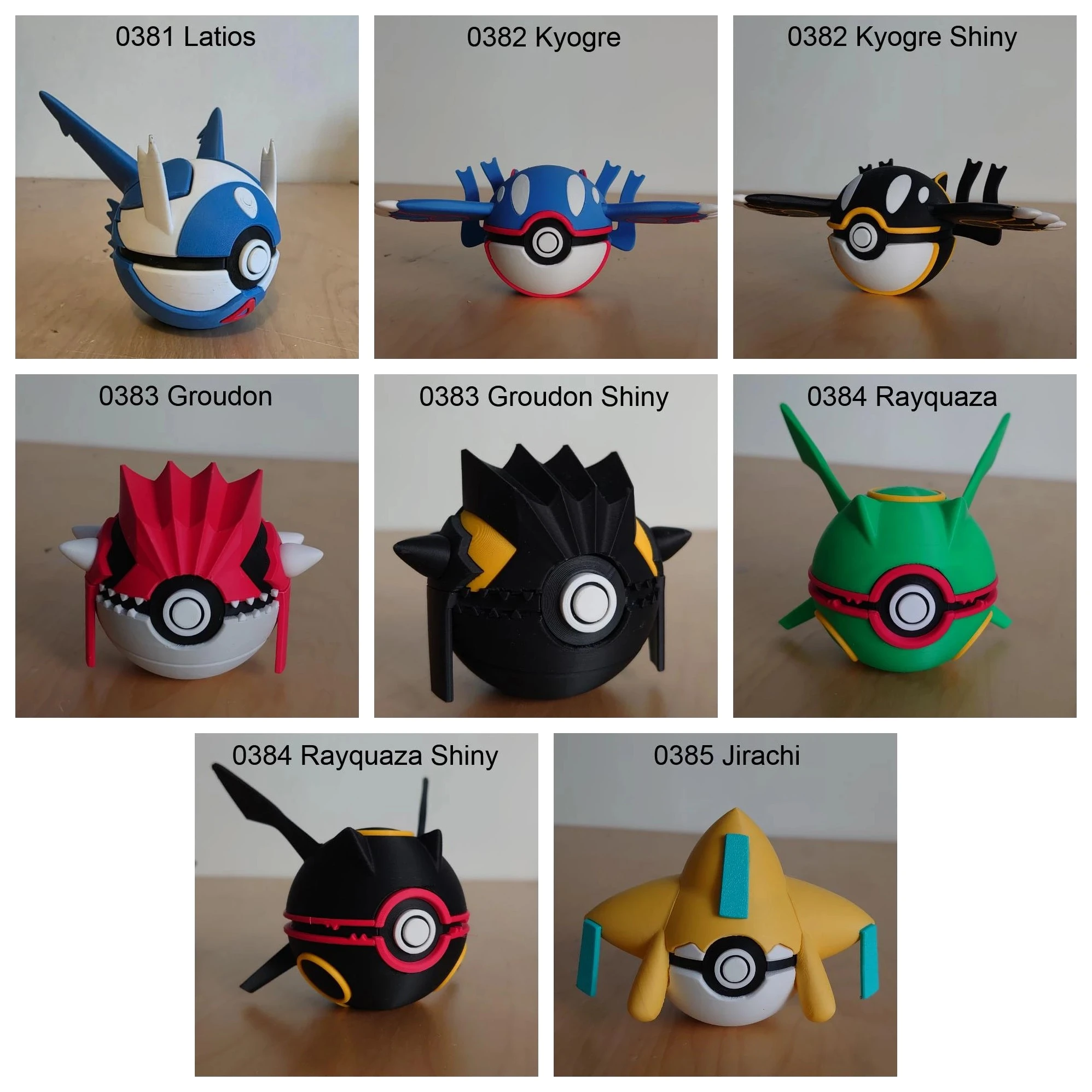 Poké Balls imprimées en 3D YumeMaker : Latios, Kyogre, Kyogre Shiny, Groudon, Groudon Shiny, Rayquaza, Rayquaza Shiny, Jirachi